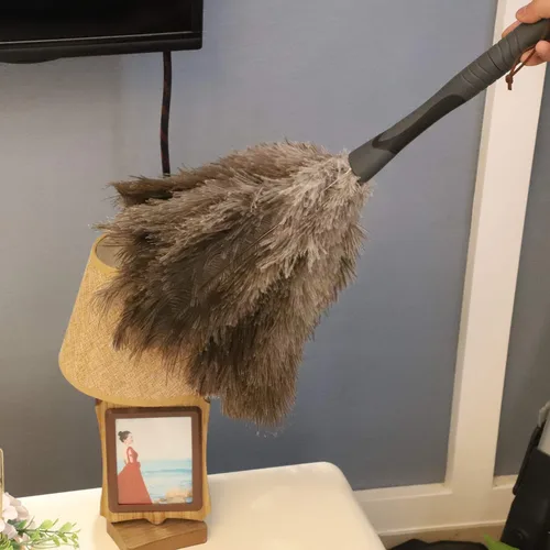Vista 3 de Midoneat Plumero de plumas de avestruz gris con poste extensible de 71 pulgadas, plumero de microfibra para limpieza del hogar
