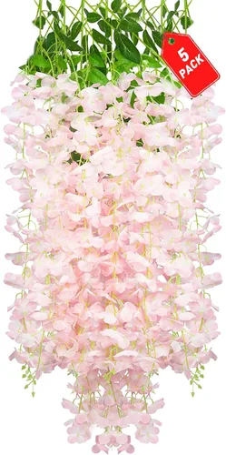 Vista 14 de Paquete de 12 flores colgantes de glicina rosa, flores colgantes falsas de 3.44 pies, guirnalda de glicina artificial para decoración de boda, telón