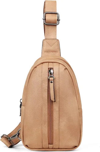 Vista 7 de MASINTOR Bolso bandolera pequeño para mujeres y hombres, cangurera cruzada de cuero vegano con múltiples compartimentos para uso diario, Camel