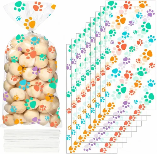 Vista 9 de Blulu 100 bolsas de golosinas para perros, recuerdos de fiesta para cachorros, bolsas de celofán con cono de pata de mascota, dulces sellables por