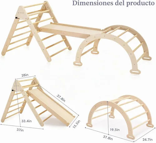 Vista 6 de Pillowhale Juego de triángulos de escalada de madera Montessori extra grande: triángulo plegable para gimnasio, rampa y arco de escalada, parque