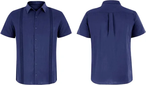 Vista 4 de Hestenve Guayabera - Camisas casuales de lino y algodón con botones de manga corta para hombre, camisa hawaiana cubana de verano, playa, trabajo