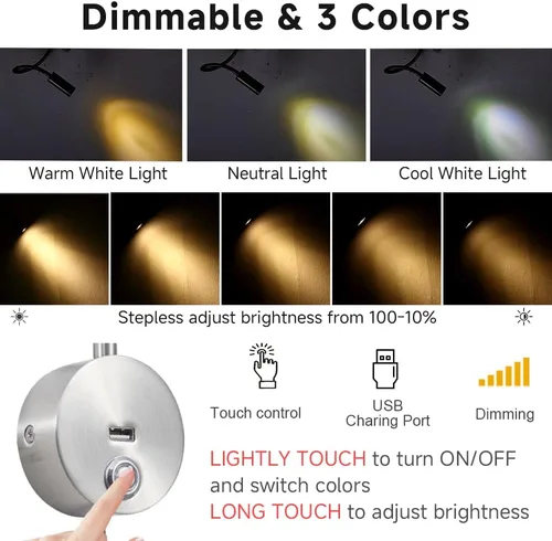 Vista 2 de Luz de lectura regulable montada en la pared con puerto de carga USB, luz de lectura LED enchufable, lámparas de pared con cuello de cisne flexible