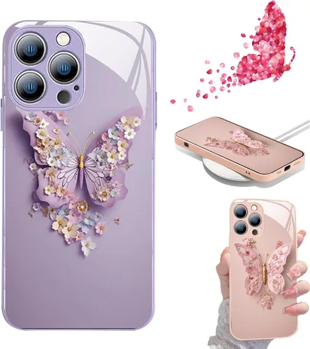 Vista 10 de Funda de vidrio con patrón de mariposa 3D plana compatible con iPhone, funda para teléfono con cubierta de vidrio con patrón de mariposa