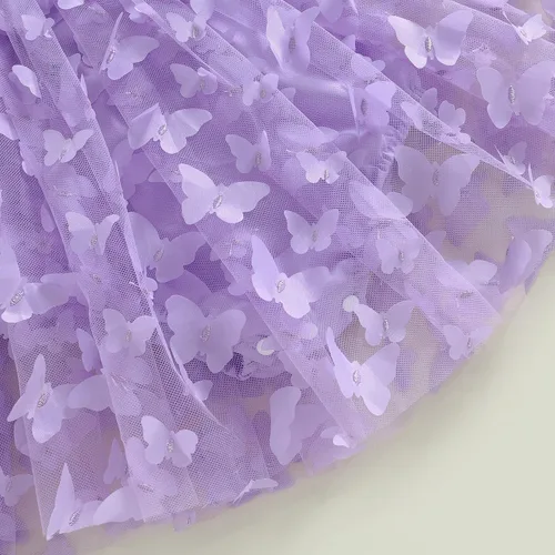 Vista 5 de Vestido de princesa para bebé niña 3D de malla de mariposa morada, sin mangas, de tul + diadema
