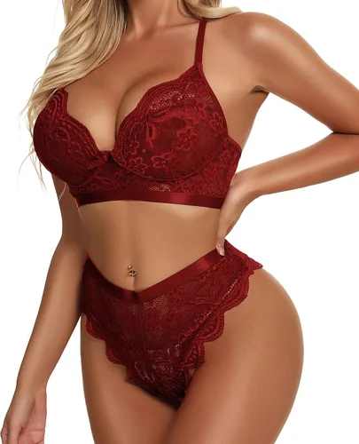 Vista 3 de KYLELOVE Conjunto de lencería para mujer, conjunto de brasier y bragas inalámbricos, trajes de boudoir de encaje