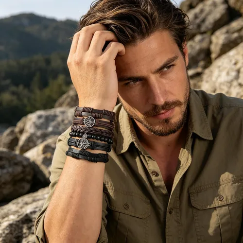 Vista 2 de HZMAN Pulseras de cuero genuino del árbol de la vida para hombres y mujeres (Classic Set)