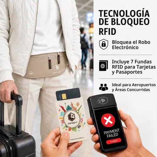 Vista 2 de VENTURE 4TH Cinturón de Dinero de Viaje con 7 Mangas RFID - Beige
