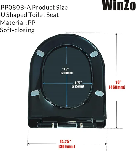 Vista 5 de WinZo PP080B-A Asiento de inodoro en forma de U Cierre suave Cierre rápido Plástico PP Top Instalación fácil, negro brillante