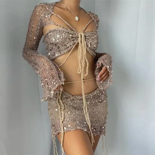 Vista 3 de Akloker Conjunto de falda de 3 piezas con lentejuelas para mujer, Y2K, de punto, de ganchillo, manga larga, halter, cárdigan, falda corta, trajes