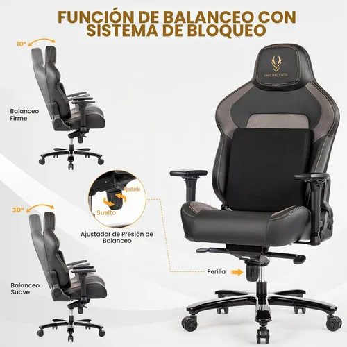 Vista 5 de Silla de juegos grande y alta de 440 libras, silla de juegos con base de metal, espuma viscoelástica lumbar, reposabrazos ajustable 4D, silla