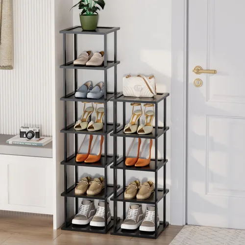 Vista 8 de Zapatero alto vertical para entrada, 7 niveles, delgado, estrecho, de madera de bambú, apilable, soporte de almacenamiento para botas, espacios Negro