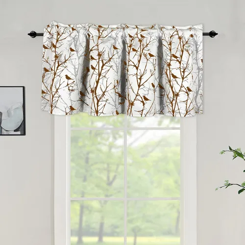 Vista 2 de Cenefas de cortina opacas para ventanas de cocina, ramas de árbol, estampado de pájaros, cenefas cortas para ventana de dormitorio, sala de estar