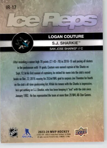 Vista 2 de 2023-24 Upper Deck MVP Ice Reps #IR-17 Logan Couture/S.J. Sharkie San Jose/San Jose Sharks/Sharks Official NHL Hockey Card in Raw (NM or Better)