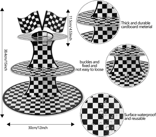 Vista 3 de Soporte de cartón para cupcakes con temática de automóvil de carreras, soporte redondo de 3 niveles para cupcakes, soporte de postre para autos
