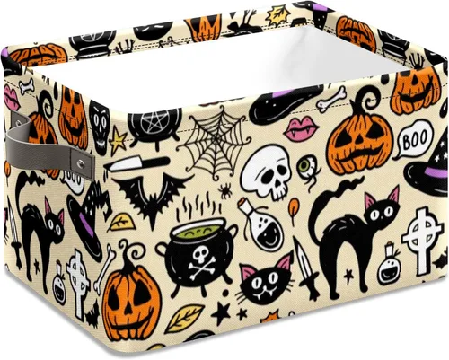 Vista 10 de Cesta de almacenamiento espeluznante de Halloween, bolsas de truco o trato, cubo de almacenamiento plegable grande, organizador plegable de 10 x 14