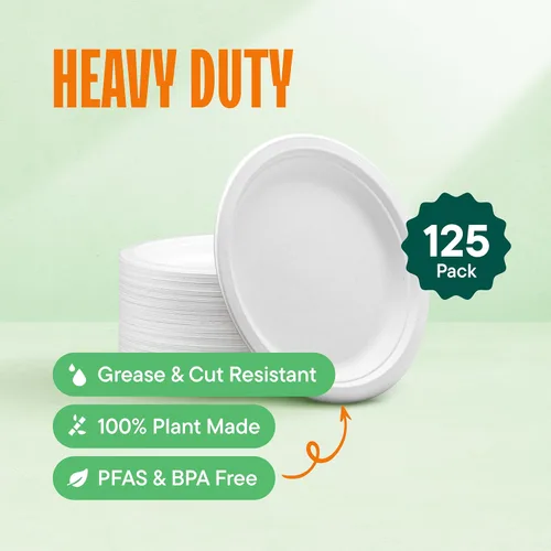 Vista 2 de Stack Man Platos de papel pequeños 100% compostables de 7 pulgadas, resistentes [paquete de 125] Platos desechables ecológicos de bagazo blanco