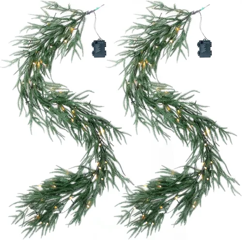 Vista 10 de Guirnalda de Navidad de 6 pies preiluminada de pino Norfolk con luces LED – Guirnalda iluminada operada a batería para repisa, escaleras