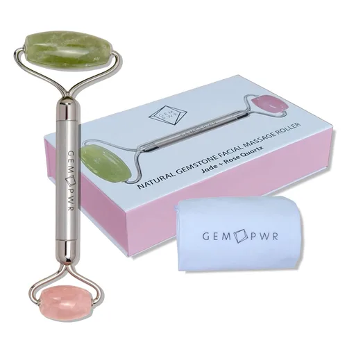 Vista 8 de Amatista + rodillo de jade para masaje facial y cuello, piedras preciosas dobles con mango de acero duradero y bolsa de viaje. Minimiza las arrugas