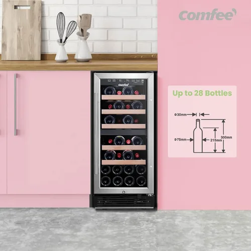 Vista 8 de COMFEE' CRW28B7AST Enfriador de vino independiente e integrado, refrigerador de vino de 28 botellas, zona de enfriamiento doble, control digital