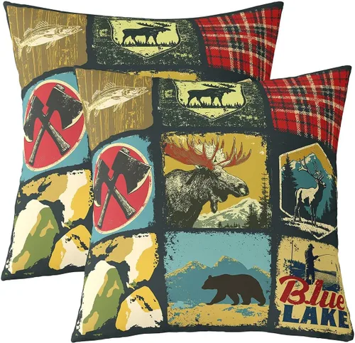 Vista 21 de Erosebridal Juego de 2 fundas de almohada occidentales de 16 x 16 pulgadas, fundas de almohada cuadradas decorativas de cuadrícula marrón retro