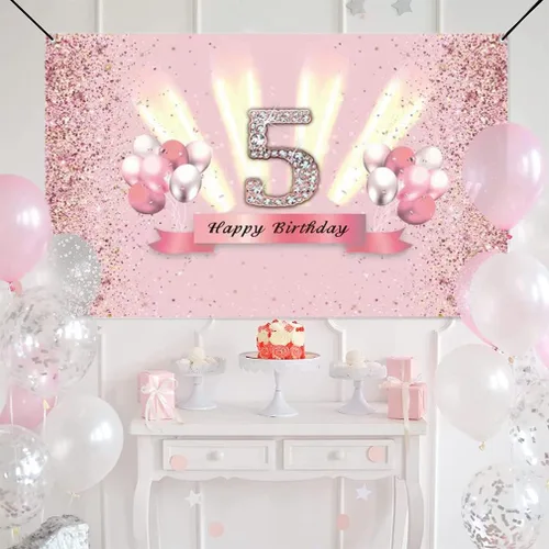 Vista 5 de Decoraciones de feliz cumpleaños 5 para niñas, pancarta de fondo para decoración de fiesta, póster de tela de aniversario, fondo de foto rosa
