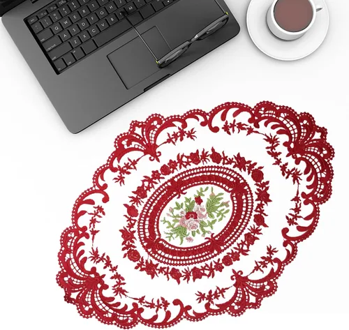 Vista 5 de Mantel para mesa auxiliar, manteles individuales de encaje, 2 piezas de malla ovalada bordada de flores de 16.5 x 12.2 pulgadas, manteles