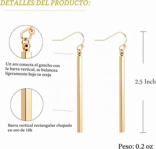 Vista 3 de Aobei Pearl 18K Oro/Platino Chapado en Latón Arete Colgante de Barra Vertical Larga Gota Pendiente Minimalista Joyería Geométrica para Mujeres Barra