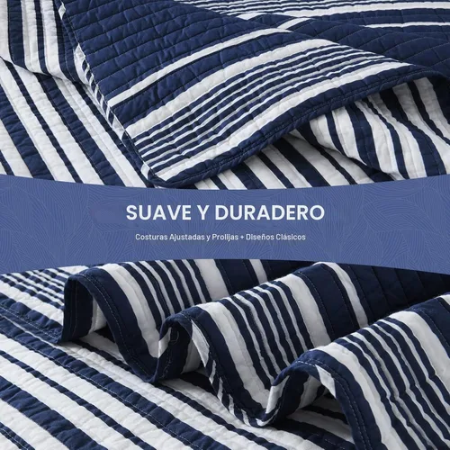 Vista 6 de SahSahCasa Juego de edredón tamaño Queen, 100% algodón, juego de ropa de cama Queen, colcha ligera reversible a rayas para cama Queen, para todas