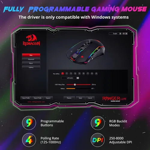 Vista 3 de Redragon Mouse para juegos, mouse inalámbrico para juegos con 8000 DPI, ratones para juegos de PC con botón de fuego, mouse ergonómico programable