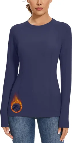 Vista 9 de WOWENY Camisas térmicas para mujer, forro polar, manga larga, capa base, parte superior de invierno Azul bebé