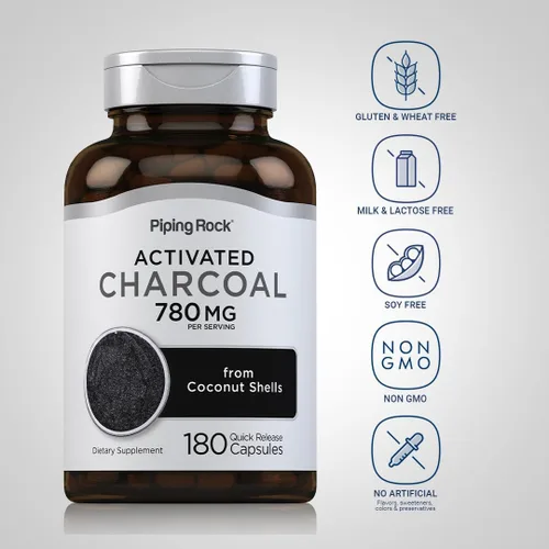 Vista 3 de Piping Rock Píldoras de carbón activado 780 mg 180 cápsulas de cáscaras de coco Suplemento sin OMG, sin gluten