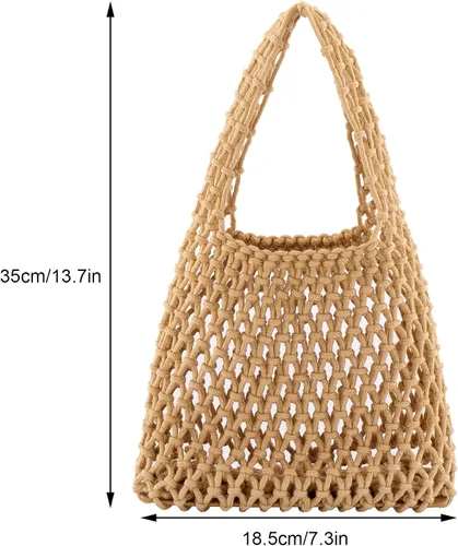 Vista 4 de Ayliss Mini bolso de mano para mujer, de algodón, ganchillo, asa superior, cordón para playa, tejido de red, bolsa de red de pesca