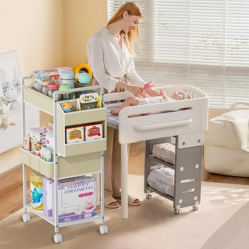 Vista 6 de JBBTOOL Organizador de pañales 2 en 1 y carrito de pañales rodante de 3 niveles, organizador de pañales con divisores y bolsillos, carrito móvil