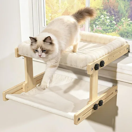 Vista 10 de XiaZ Percha para gatos con ventana, hamaca para interiores, para ventana, marco de madera ajustable, para observación de aves, tomar el sol, ahorrar