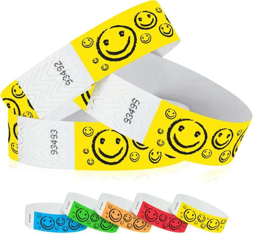 Vista 7 de 200 pulseras Tyvek de Wristco con cara sonriente azul neón para eventos, ¾ x 10 pulgadas, impermeables, reciclables, cómodas, resistentes a