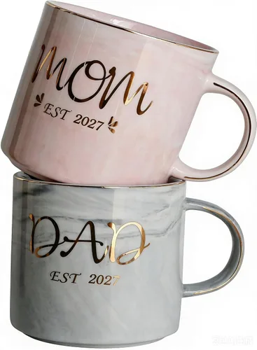 Vista 3 de Mecai Nuevos padres Gfits-Mom and Dad Est 2027 Tazas de café Gris y rosado