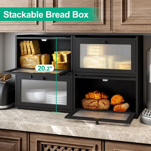 Vista 4 de kiplant Panera grande para encimera de cocina, contenedor de almacenamiento de pan de bambú negro con puerta transparente de arcílica ondulada, caja
