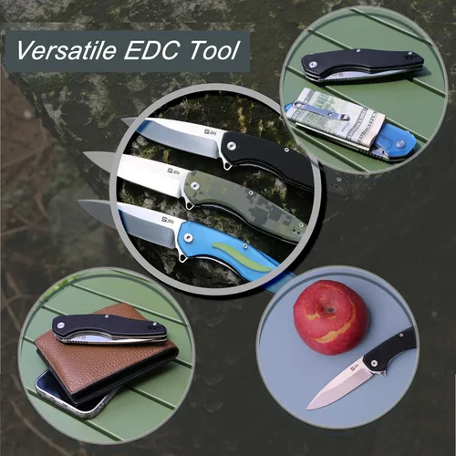 Vista 3 de JIN Cuchillo de bolsillo para hombres, cuchillo plegable EDC, cuchillos de bolsillo Captain con clip, hoja D2 afilada de 3.5", mango G10 negro, kit
