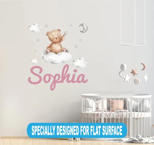Vista 3 de Calcomanía de pared de oso de peluche con nombre personalizado, luna, estrellas, nubes, acuarela, decoración de habitación de bebé para niños