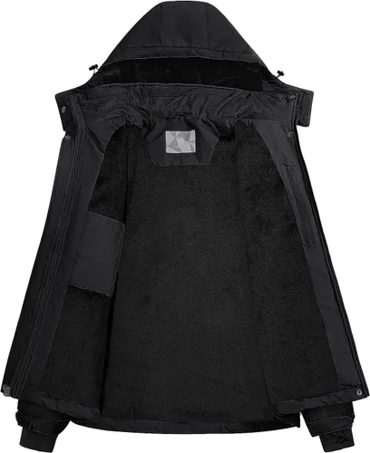 Vista 4 de CAMEL CROWN Chaqueta de esquí para mujer, impermeable, cálida, para invierno, con capucha, rompevientos, rompevientos, resistente al viento