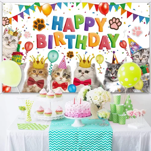 Vista 4 de Tatuo Telón de fondo de feliz cumpleaños de 5.9 x 3.6 pies, decoración de cumpleaños de gato, temática de gatito, fondo de fotos, fondo