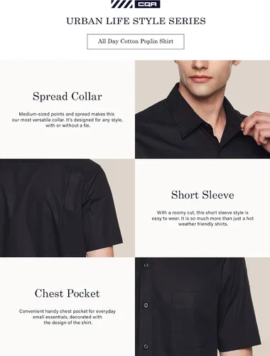 Vista 6 de CQR Camisas de manga corta para hombre, ajuste regular, 100% algodón, camisa de popelina casual con botones