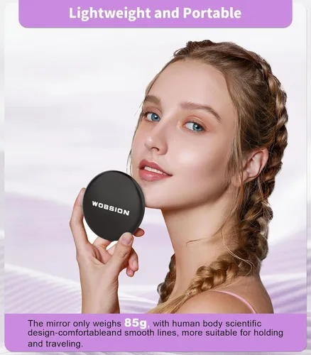 Vista 2 de WOBSION Espejo compacto de viaje, espejo de maquillaje LED portátil 1x/10x con aumento, espejo de bolsillo de 2 caras de mano, espejo pequeño