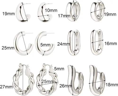 Vista 5 de Juego de 6 pares de aretes de aro de oro para mujer, chapados en oro de 14 quilates, hipoalergénicos, ligeros, gruesos, abiertos, joyería para regalo