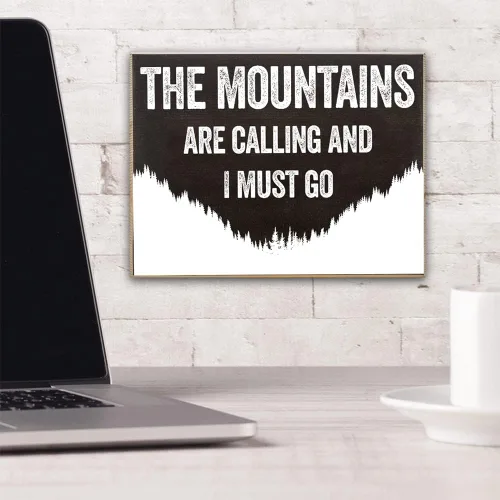 Vista 3 de Letrero de madera con texto en inglés "The Mountains Are Calling" (Las montañas están llamando) - Letrero de madera con refranes - Letrero