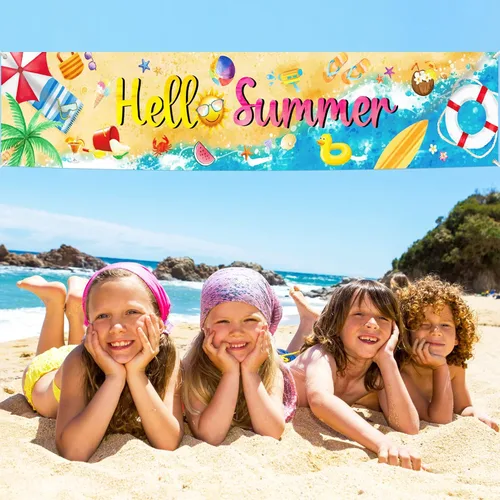 Vista 4 de Decoraciones de fiesta de verano en la playa, pancarta para piscina, tabla de surf, suministros de fiesta, letrero grande para patio hawaiano