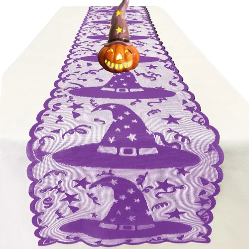 Vista 6 de Camino de mesa de Halloween – Camino de mesa de encaje con sombrero de bruja para decoraciones de mesa de Halloween – Máscara de Halloween, cena