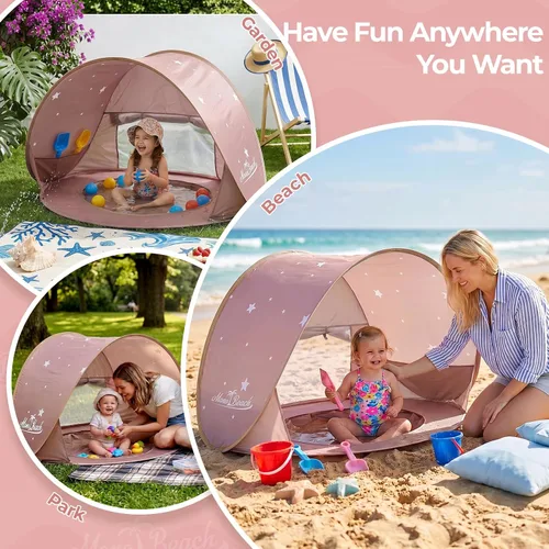 Vista 7 de Monobeach Tienda de campaña de playa para bebés con piscina: tienda de campaña desplegable con estrellas marrones para niños pequeños, refugio