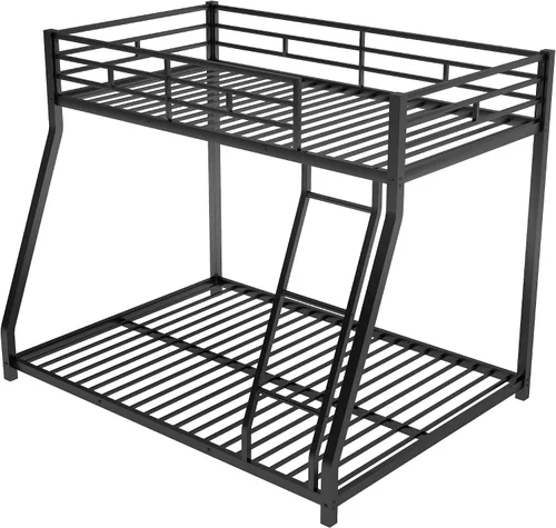 Vista 5 de Litera de metal individual sobre tamaño matrimonial con barandilla de seguridad y escalera para niños y adultos, literas de suelo, marco de cama